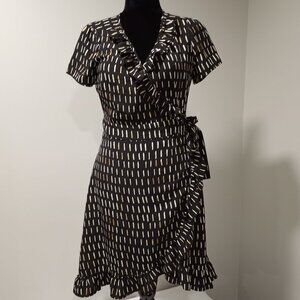 LARK & RO BLACK|BEIGE PRINT RUFFLE EDGED WRAP MIDI DRESS WOMEN SIZE M